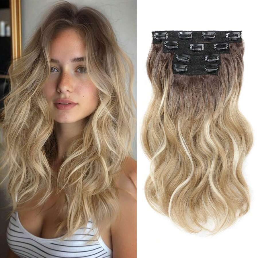 Clip In Hair Extension, Blonde Hair Extensions Invisible Lace Weft Synthetic Natural Soft 14 Inch Short Wavy Curly Hair Extensions For Women