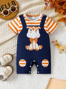 Infant Boy Giraffe Print & Striped Short Sleeve Romper Cute Comfortable Outfit