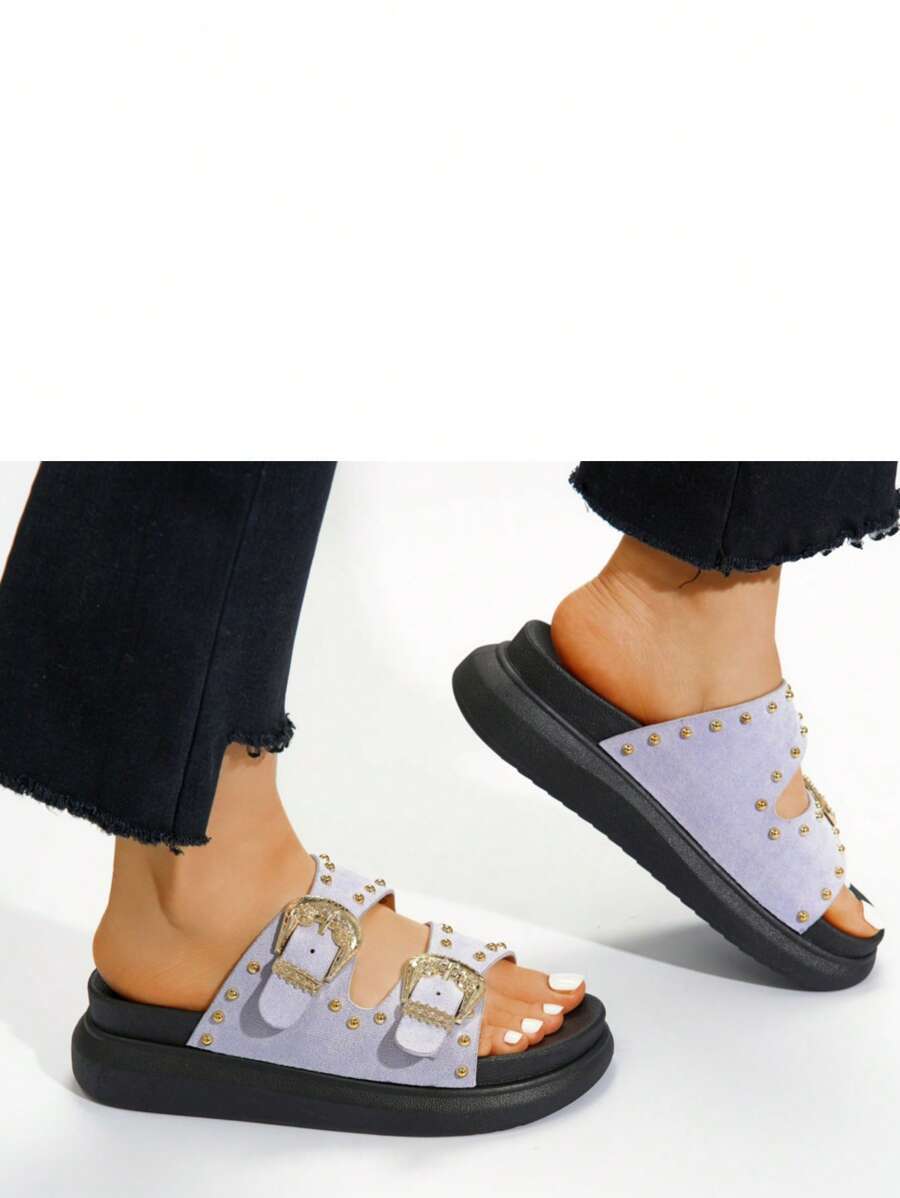 Sandálias femininas com fivela ajustável, design moderno, sandálias rasteiras, sandálias elegantes de verão para mulheres - Roxo Malva - Ver 1