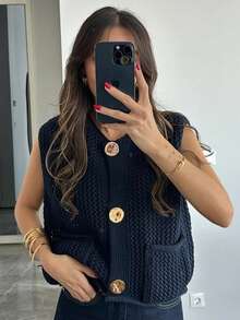 Áo len dệt kim nữ mùa xuân hè áo khoác không tay mùa xuân thu áo thun trơn bó giản dị - Màu xanh hải quân - Xem 6
