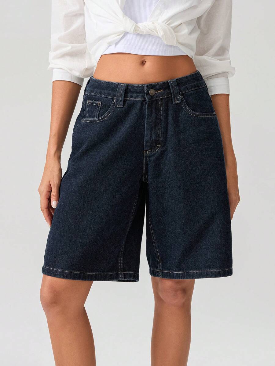Women's Knee Length Denim Shorts Loose Solid Color Low Rise Wide Leg Long Shorts With Pockets For Summer