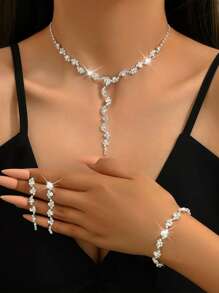 4pcs/Set Rhinestone Embellished Luxurious Design Pendant Necklace & Earrings Set, Elegant Lady Style, Suitable For Wedding, Party, Holiday - Silver - View 5