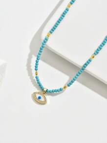 1pc Retro Latin Style Rhinestone Zinc Alloy Evil Eye Beaded Necklace, Suitable For Women Daily & Holiday Wear - Blue - View 4