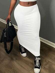大码时尚简约修身半身裙，适合毕业典礼/独立日 - 白色 - 查看 5