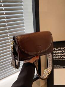 Vintage Chic Wide Strap Shoulder Square Bag - Stylish Solid Color Flap Crossbody Purse With Adjustable Strap For Women - Perfect For Daily Use And Travel - Coffee Brown - View 7