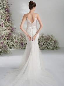 Fish Tail Big V-Back Wedding Dress Shoulder Strap Design Style Wedding Dress Lawn Wedding Outdoor Wedding Dress Bow Belt Design Wedding Dress Lace Style Wedding Dress,Bride - White - View 4