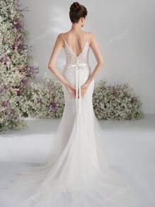 Fish Tail Big V-Back Wedding Dress Shoulder Strap Design Style Wedding Dress Lawn Wedding Outdoor Wedding Dress Bow Belt Design Wedding Dress Lace Style Wedding Dress,Bride