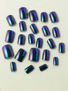 [24 件全覆盖按压指甲] 24 件极光绿色镀铬按压指甲套装 - 短款、亮面全覆盖丙烯酸假指甲，适合女士和女孩