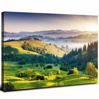 1pc Green Misty Forest Canvas Art, Serene Mountain Landscape, Peaceful Woodland Scene, Tranquil Nature Decor, Rustic Forest Print, Framed Artwork