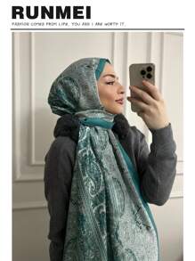 1pc Women's Bohemian Style Spring Ink Painting Batik Print Veil Vela Hijab, Casual Street Style Hijab, Suitable For Daily Wear, Autumn For Abaya - Lake Blue - View 2