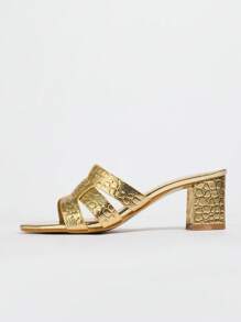 Spring/Summer Women's Unique Round Toe Gold Crocodile Embossed Comfortable Slip-On Wedge Sandals - Gold - View 5