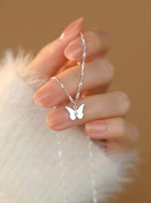 1 件精致女士珠宝，蝴蝶 S925 纯银简约项链，百搭精致锁骨链，时尚派对和生日礼物 - #1 - 查看 3