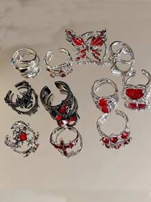 1-11pcs Goth Punk Retro Red Crystal Heart Cross Geometry Asymmetric Open Ring Set Y2K Accessories For Women Kpop Jewelry - Red - View 15