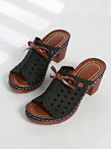 2025 New Summer Women Thick Heel Hollow Bowknot Sandals, Sexy Open-Toe High Heel Slippers