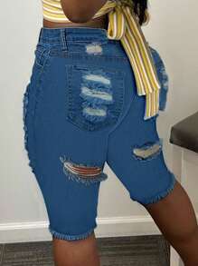 Women's Casual Distressed Raw Hem Denim Shorts With Pockets - Medium Wash - View 7