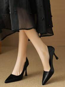 Black Pointed-Toe Pearl Decor Thick Heel Slip-On High Heels