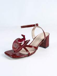 女士高跟凉鞋，粗跟方头3D立体花卉百合花纹皮革性感露趾优雅派对鞋，玫瑰红，春夏装扮 - 玫瑰紅 - 查看 7