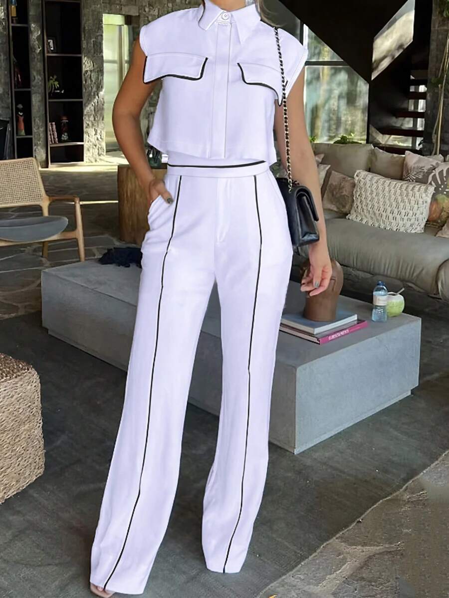 2pcs Women Summer Casual Elegant Contrast Color Pocket Blouse And Trouser Set White - White - View 1