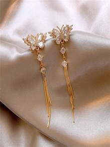 1 Pair Gold-Color Full Paved Rhinestone Butterfly & Tassel Drop Earrings