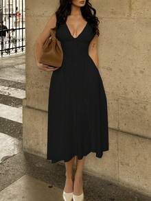 2025 新款法式复古性感 V 领系腰修身喇叭形黑色蝴蝶结鸡尾酒礼服，修身迷人，正式晚礼服，适合派对、度假、海滩、居家聚会、节日 - 黑色 - 查看 4