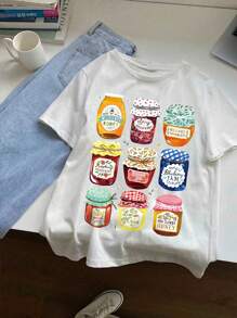 Oversized Loose Fit Short Sleeve T-Shirt, Spring/Summer Vacation Style Picnic Fruit Print, Suitable For Beach, Picnic, Camping, Featuring Orange, Cherry, Blueberry, Orange, Peach, Lemon Fruit Patterns, Suitable For All Ages, Perfect For Vacation, Daily Wear And Gatherings - White - View 3