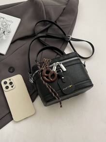 时尚新款优雅纯色 PU 面料便携式方包，迷你 PU 包，纯防水面料酒红色包，字母图案装饰设计盒子包，适合旅行购物、聚会、派对、通勤。