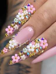 24Pcs Rose Gold Flower Cluster False Nails + 1Pc Jelly Gel + 1Pc Nail File Press On Nails Nail Supplies Nails