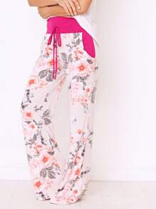 Floral Drawstring Fold Over Band Wide Leg Lounge Pants - 白色 - 查看 2
