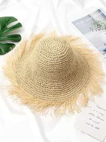 1 件女士磨边镂空纯色遮阳帽，简约可折叠休闲沙滩帽防晒，适合夏季旅行和度假