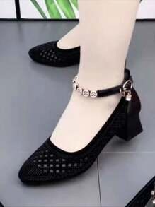 Black Mesh Hollow-Out Sandals, Soft Sole Fashion Mommy Stylish Flats For Summer 2025, Ladies Strappy Hollow Sandals New Summer Designs, Star Decor Mommy High Heel Sandals For Women