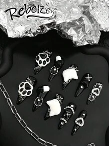 10-Piece Pressing Nails, Almond-Shaped Nails, Four-Season Nail Art, Fake Nails, Dark Black-Bottom Cat Claw Nail Art Diy Color Block Pattern Design Three-Dimensional Black And White Cat Claw Cat Head, Three-Dimensional Simulation Capsules Nail Supplies Nails - Multicolor - View 1