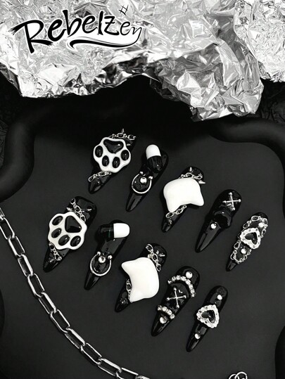 10-Piece Pressing Nails, Almond-Shaped Nails, Four-Season Nail Art, Fake Nails, Dark Black-Bottom Cat Claw Nail Art Diy Color Block Pattern Design Three-Dimensional Black And White Cat Claw Cat Head, Three-Dimensional Simulation Capsules Nail Supplies Nails