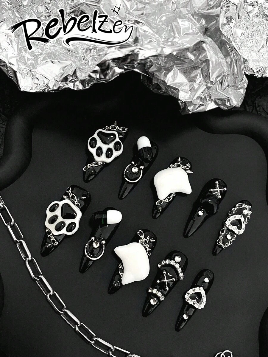 10-Piece Pressing Nails, Almond-Shaped Nails, Four-Season Nail Art, Fake Nails, Dark Black-Bottom Cat Claw Nail Art Diy Color Block Pattern Design Three-Dimensional Black And White Cat Claw Cat Head, Three-Dimensional Simulation Capsules Nail Supplies Nails - Multicolor - View 1