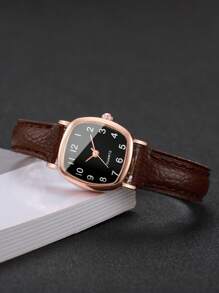 5 件套女士优雅方形表盘小手表和皮带组合，经典石英表，不含手表盒 - 彩色 - 查看 9