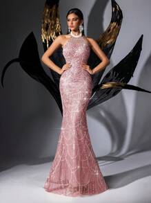 LUVISTRUE 优雅亮片正式礼服，女士派对礼服，适合毕业典礼、鸡尾酒会、红毯、生日、舞会、颁奖典礼等场合 - 露背美人鱼长裙 - 粉色 - 查看 7