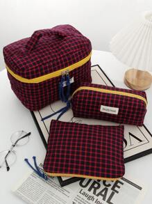 1 PC Set Of Red Checkered Pattern Makeup Bag, Checkered Decoration, Handheld Travel Makeup Bag, Simple Large Capacity Makeup Bag, Suitable For Wallets, Lipsticks, Sanitary Napkins, Mats, Coins, And School Dormitories. Suitable For Women, Girls, Students, And Holiday Gifts. Holiday Essentials Travel Essentials Travel Bag Travel Accessories - Red - View 12