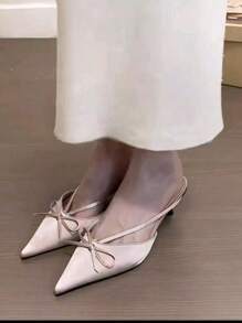 Pointed Toe Bow Decor Backless Mules, Satin French Style Elegant Slip-On Flats For Spring/Summer 2025 - Pink - View 4