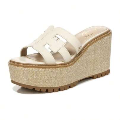 Sam Edelman Laine Ivory Wedge Heel Leather Strap Slip On Fashion Heeled Sandals