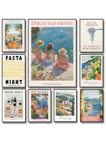 1 Stück Vintage Italien Reise Essen Spaghetti Kaffee Mittelmeerküste Landschaft Poster Leinwand Gemälde Wandbild Heimdekoration ohne Rahmen - Verschiedenfarbig - Übersicht 3