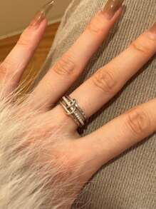 Fashionable Layerable Rings, Silver Tone Triple Linked Design With Delicate Cubic Zirconia, Jewelry Gift For Women