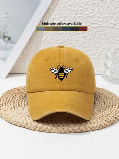 1pc Women's Cute Bee Print Personalized Outdoor Sports Washed Vintage Adjustable Bee Casual Cute Polyester Printed Beach Soft Top Baseball Cap, Suitable For Spring, Summer, Autumn And Winter
