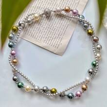 1pc Double-Layer Twisted Retro Mixed Bright Crystal & Faux Pearl Necklace, Fashionable Choker Necklace For Women, Suitable For Daily Matching, Mother's Day Gift - Picture Color - View 10