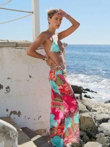 Bộ bikini Polovedo chính hãng mới về mùa Xuân/Hè, họa tiết da báo và hoa gợi cảm, kiểu yếm cổ kèm váy sarong, thích hợp cho đi biển, nghỉ dưỡng, dự tiệc, hẹn hò, du lịch. - Nhiều màu - Xem 2