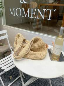 Personalized Embroidered Name Straw Craft Beach Vacation Style Tote Bag, Vintage Large Capacity Shoulder Bag - Apricot - View 5