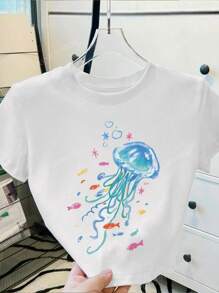 Casual Blue Jellyfish Print White Round Neck Short Sleeve T-Shirt, Slim Fit For Women, Summer Holiday
