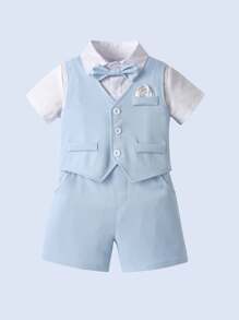 BOARNSEORL 3pcs Young Boys Gentleman Outfit - Short Sleeve Shirt With Bow Tie, Blue Shorts, And Vest, Elegant And Stylish For Birthday Party, Wedding, Anniversary, Christening - Baby Blue - View 4