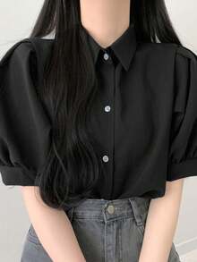 Summer Casual Solid Color Loose Puff Sleeve Shirt