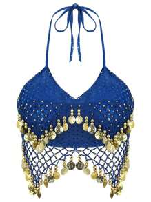 女士亮片串珠流苏露背短款上衣，短款透明亮片雪纺衬衫，波西米亚风节日肚皮舞服装（不可拆卸胸垫） - 彩色 - 查看 22