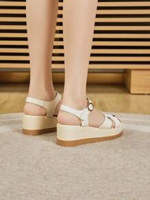 女士夏季新款厚底凉鞋，时尚百搭轻便防滑扣坡跟厚底凉鞋 - 米色 - 查看 5