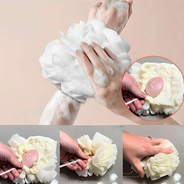 2-en-1 Pochette de savon de bain et boule de douche, Fleur de bain, Éponges de douche moelleuses multicolores, Maintient le savon de barre - Boule de douche exfoliante en maille pour le gel douche et une peau lisse. Décoration de salle de bain à la maison, décoration d'automne, retour à l'école